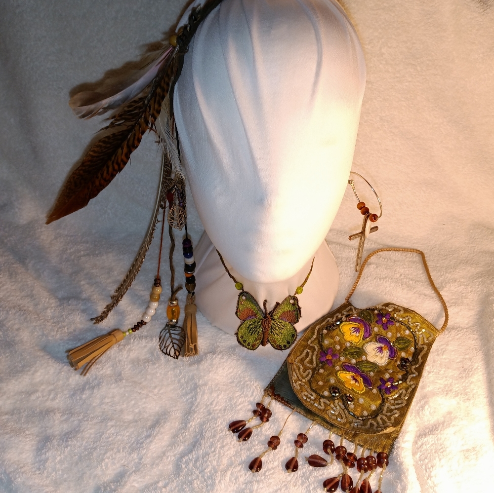 4 piece boho set, butterfly necklace, earring, flower purse, feather hair clip